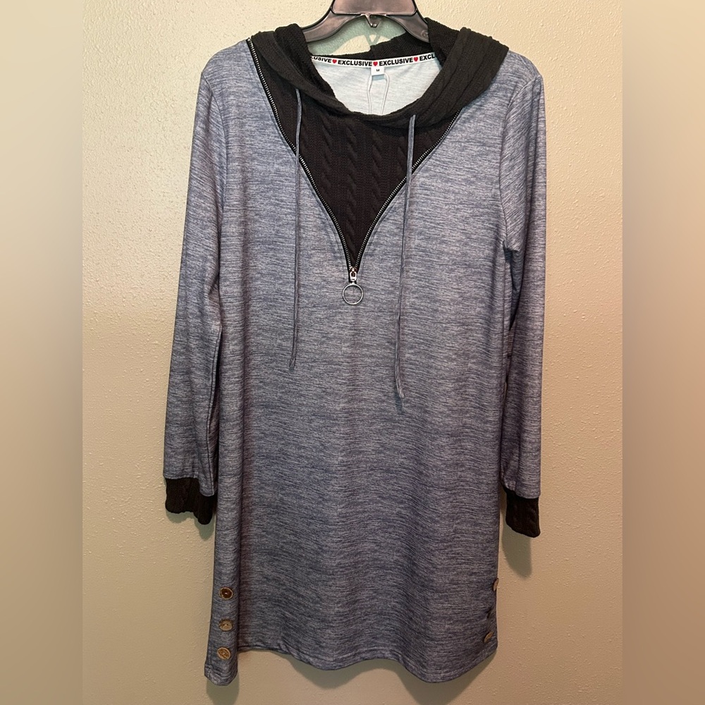 Exclusive- Women's Mini Dress - sweater material for the hoodie & zipper insert